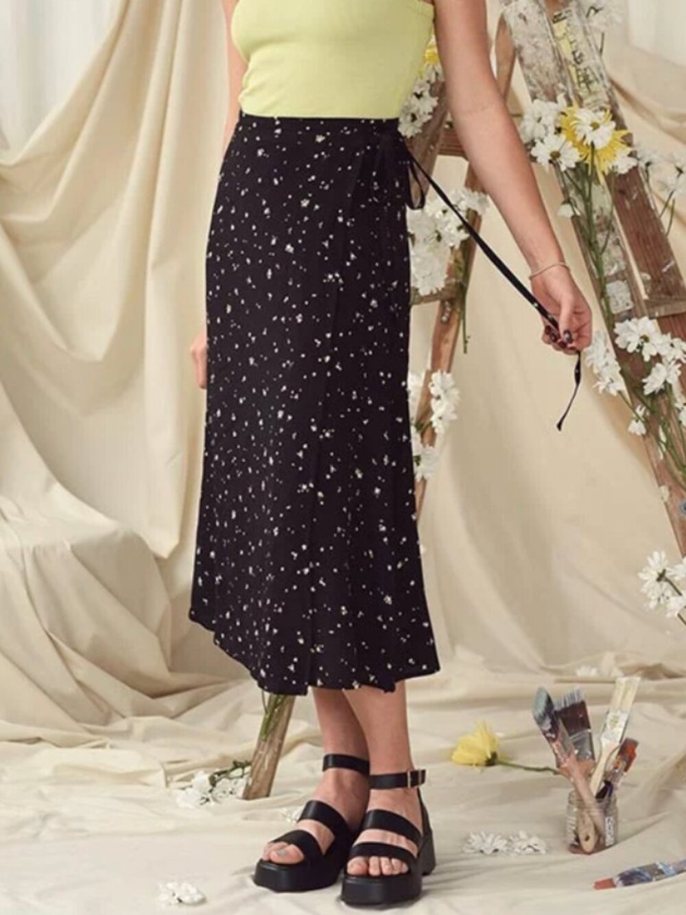 From Rachel Black Lily Midi Wrap Skirt , Black/White, Size M.
